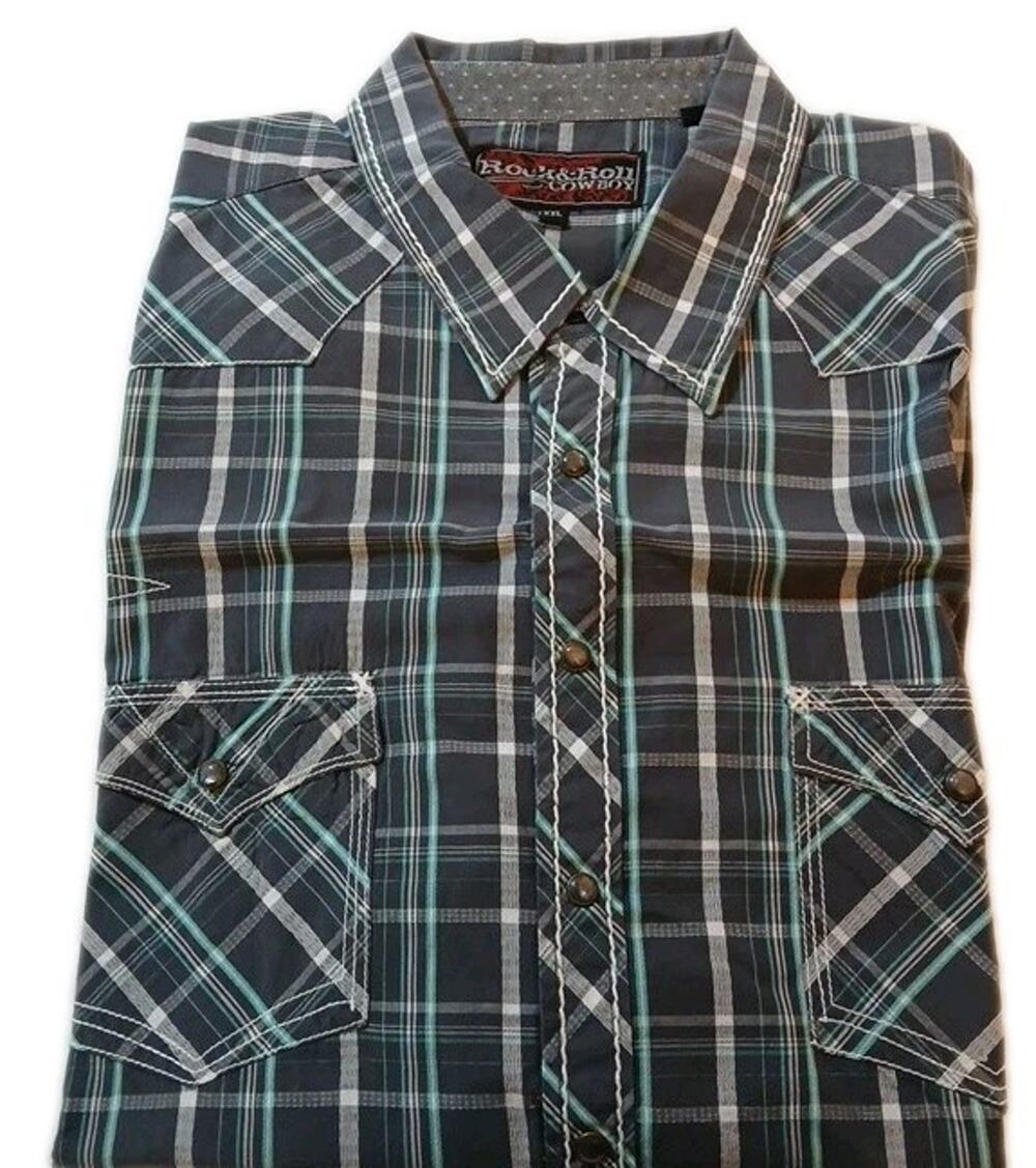 Rock and Roll Cowboy Long Sleeves Shirt xxl Gray Green Plaid Pearl Snaps Casual